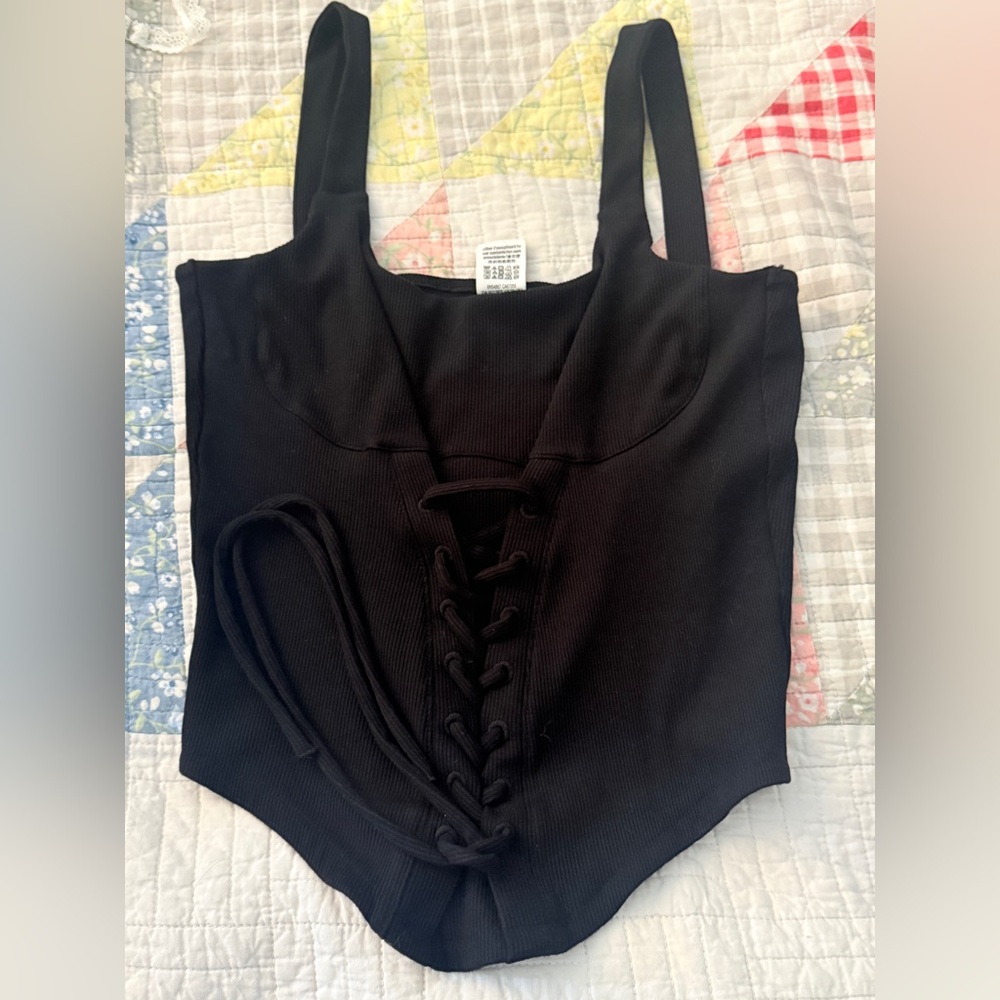 PINK Victoria's Secret Black Lace-Up Front Crop Top